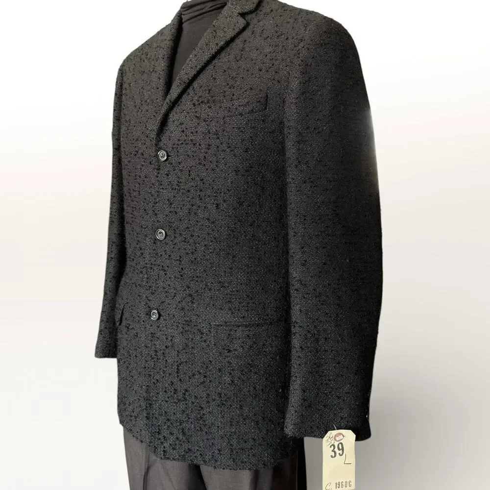 1960s Champion Mod Blazer Danish Harris Tweed Mens Black 3 Button 39L Sport Coat
